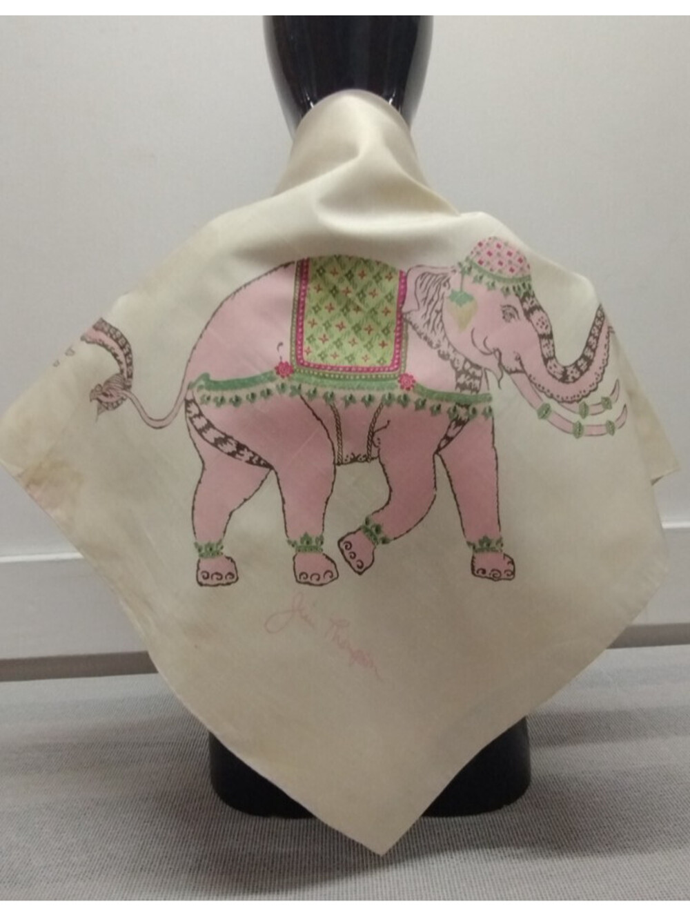 Vintage Jim Thompson Early 1950s Raw Silk BIG SCARF Pink Elephants Silkscreen